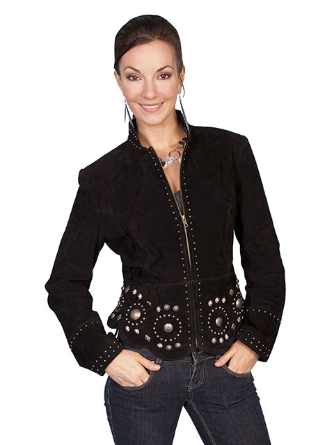 (image for) Ladies Black Boar Suede Studded Concho Leather Jacket